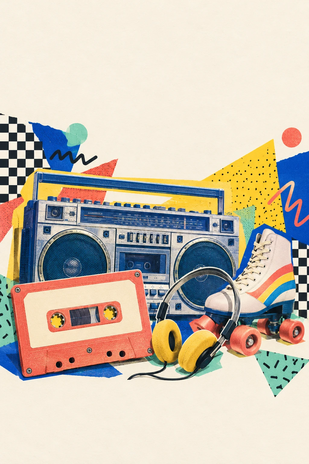 Colagem gráfica, rádio, fita cassete e uma explosão de cores.