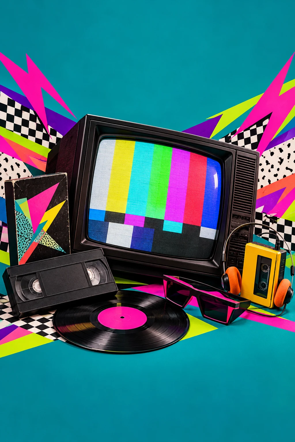 TV de tubo, VHS, vinil e walkman em uma explosão de cores.